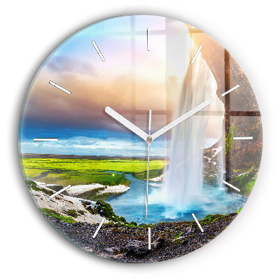 Round glass wall clock Waterfall in Iceland