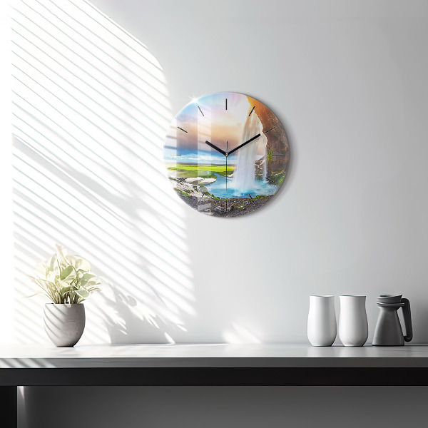 Round glass wall clock Waterfall in Iceland
