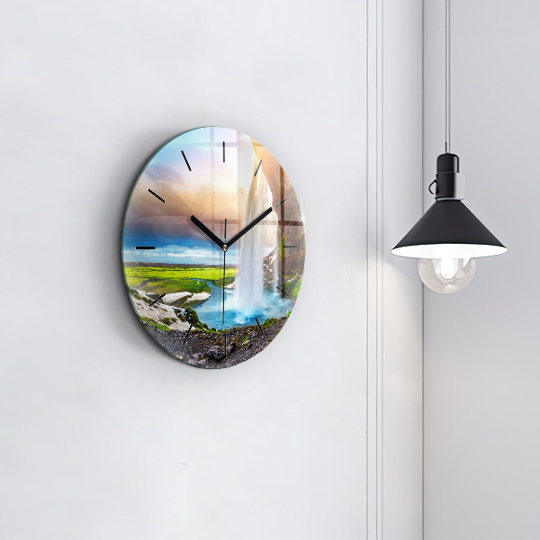 Round glass wall clock Waterfall in Iceland