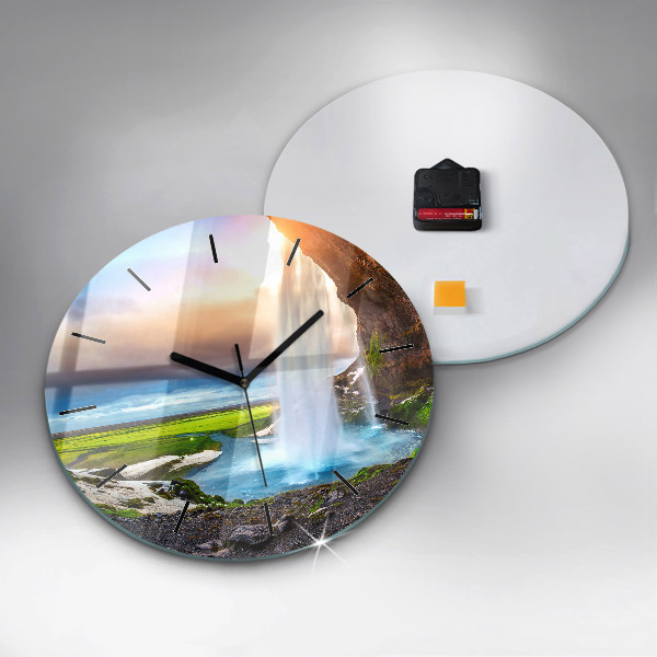 Round glass wall clock Waterfall in Iceland