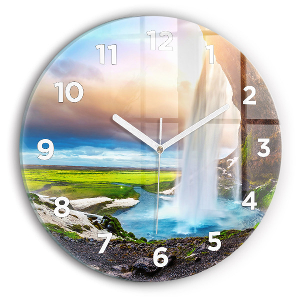 Round glass wall clock Waterfall in Iceland