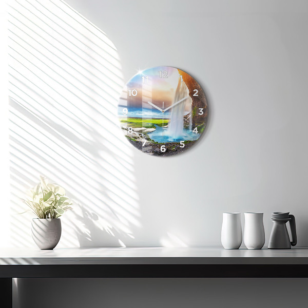 Round glass wall clock Waterfall in Iceland