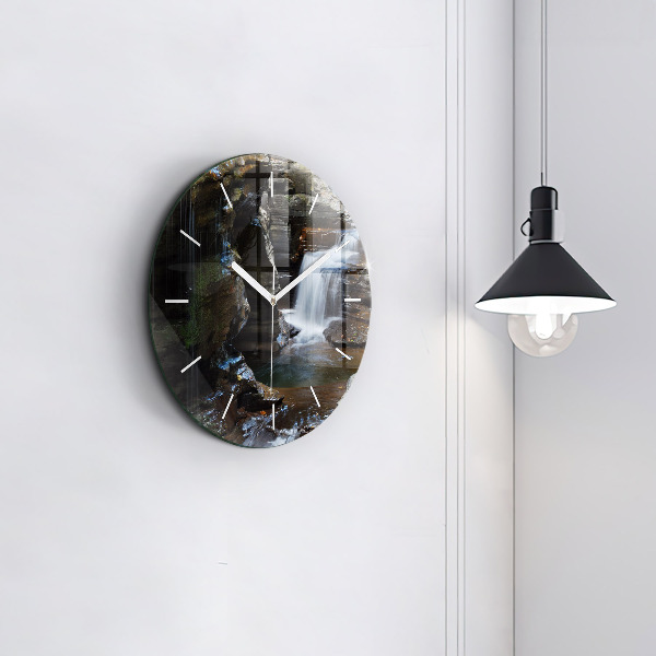Round glass wall clock Waterfall and rocks of Iceland