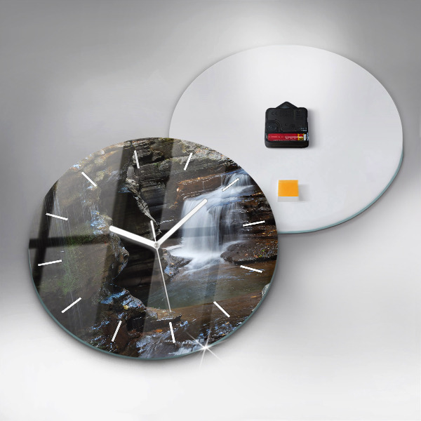 Round glass wall clock Waterfall and rocks of Iceland