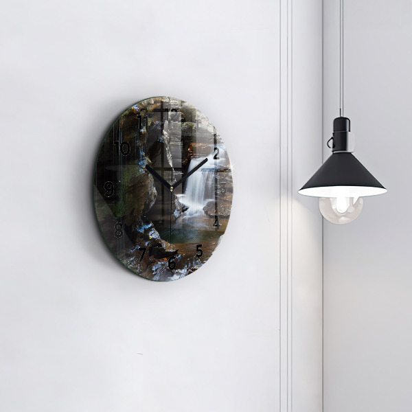 Round glass wall clock Waterfall and rocks of Iceland