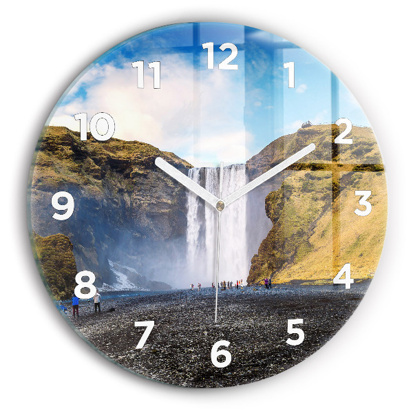 Round glass wall clock Waterfall in Iceland