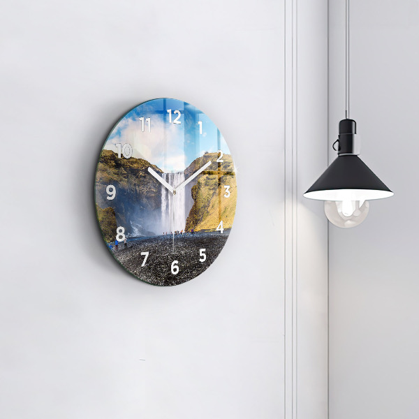 Round glass wall clock Waterfall in Iceland