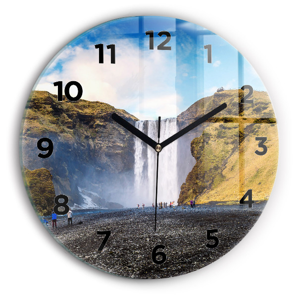 Round glass wall clock Waterfall in Iceland