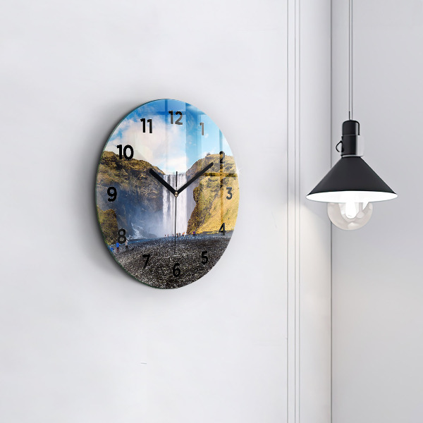 Round glass wall clock Waterfall in Iceland