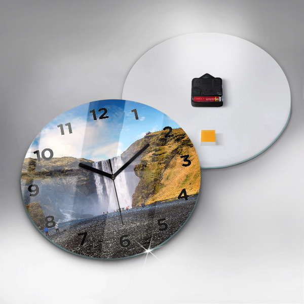 Round glass wall clock Waterfall in Iceland