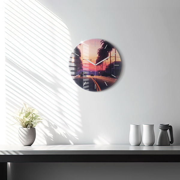 Round glass wall clock Sunset in LA