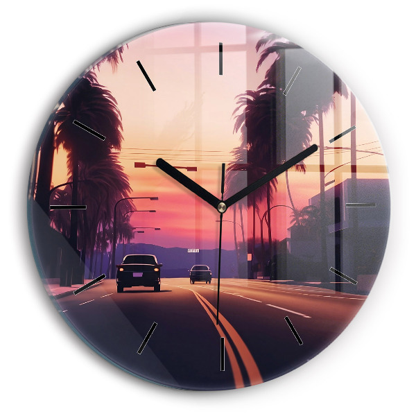 Round glass wall clock Sunset in LA