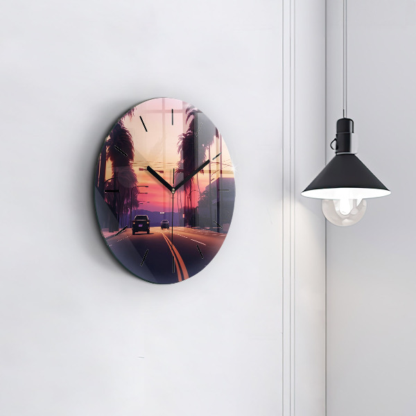 Round glass wall clock Sunset in LA