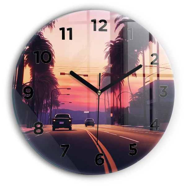 Round glass wall clock Sunset in LA