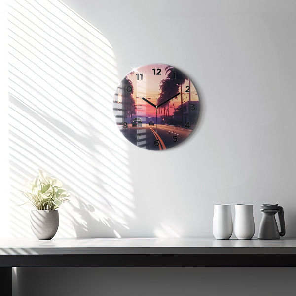 Round glass wall clock Sunset in LA