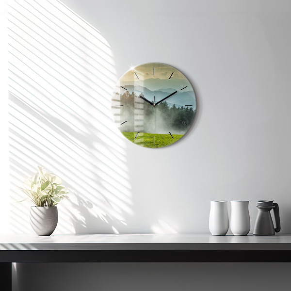 Round glass wall clock Mountain landscape