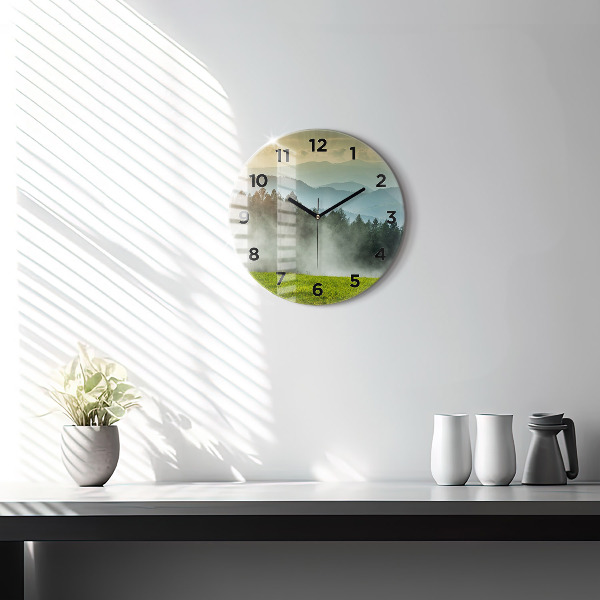 Round glass wall clock Mountain landscape