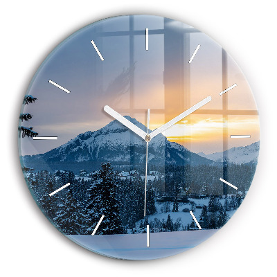 Round glass wall clock Mountain landscape
