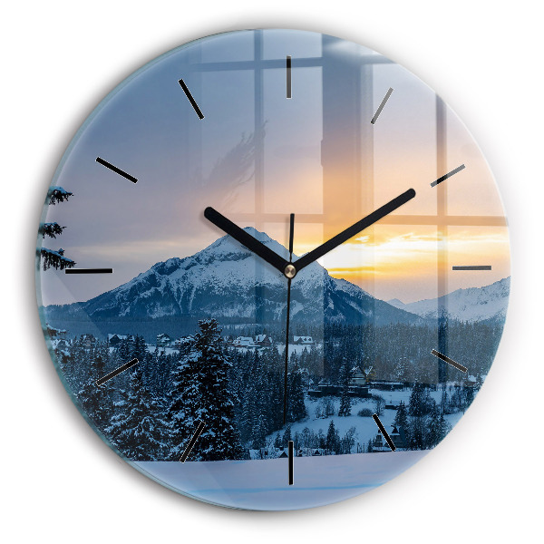 Round glass wall clock Mountain landscape
