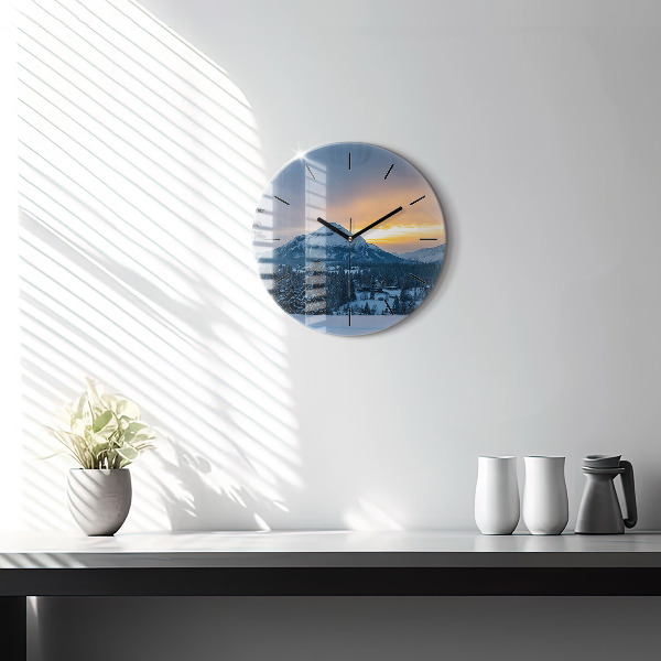 Round glass wall clock Mountain landscape