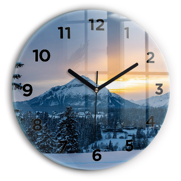 Round glass wall clock Mountain landscape