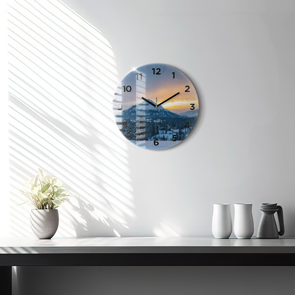 Round glass wall clock Mountain landscape