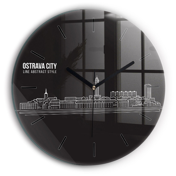 Round glass wall clock City of Ostrava drawing