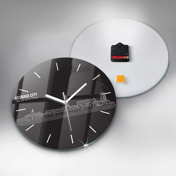 Round glass wall clock City of Ostrava drawing