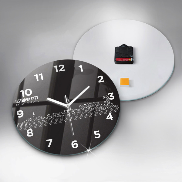 Round glass wall clock City of Ostrava drawing