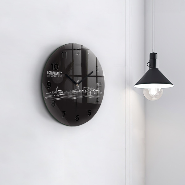 Round glass wall clock City of Ostrava drawing