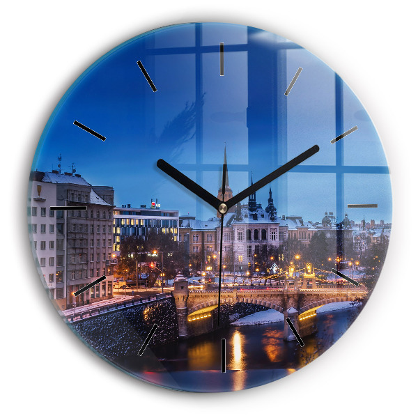 Round glass wall clock Panorama of the city of Pilsen