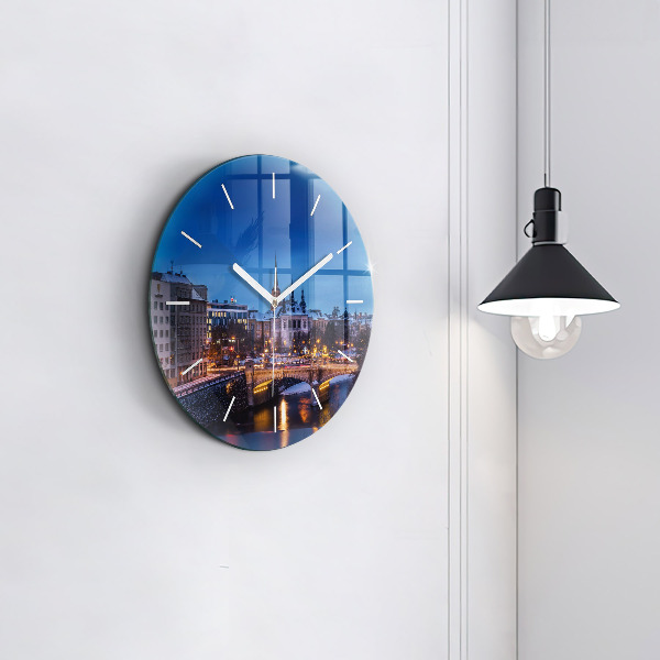 Round glass wall clock Panorama of the city of Pilsen