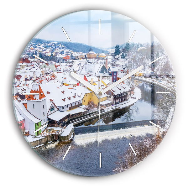 Round glass wall clock Panorama of the city in winter