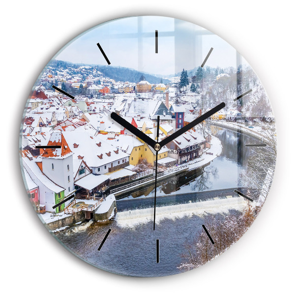 Round glass wall clock Panorama of the city in winter