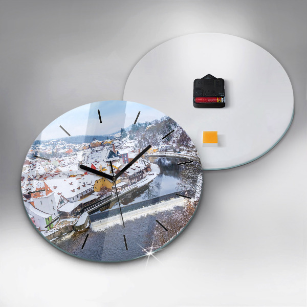 Round glass wall clock Panorama of the city in winter