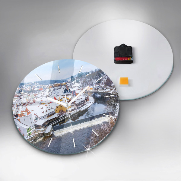 Round glass wall clock Panorama of the city in winter