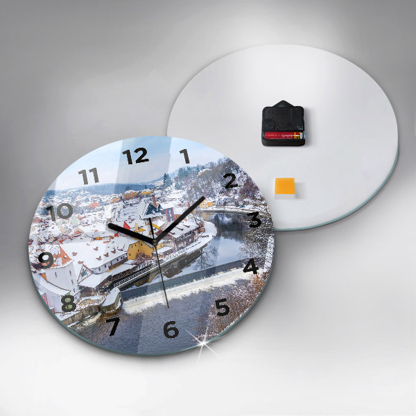 Round glass wall clock Panorama of the city in winter