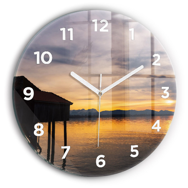 Round glass wall clock Sunset over the lake