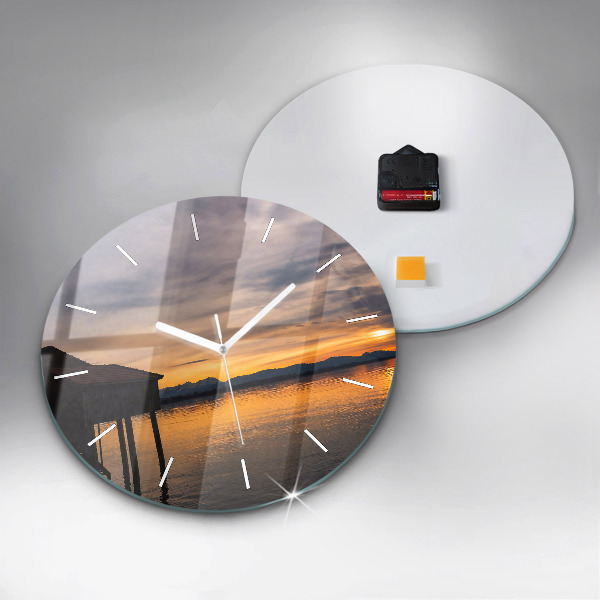 Round glass wall clock Sunset over the lake