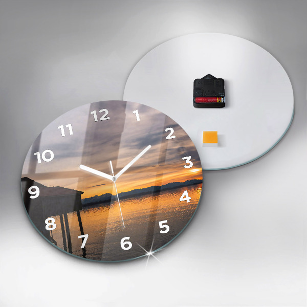 Round glass wall clock Sunset over the lake