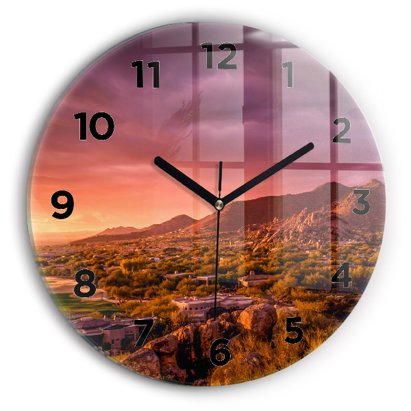 Round glass wall clock North Scottsdale Sunset