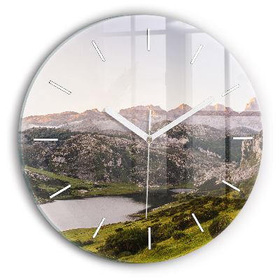 Round glass wall clock Lake and Pyrenees Mountains