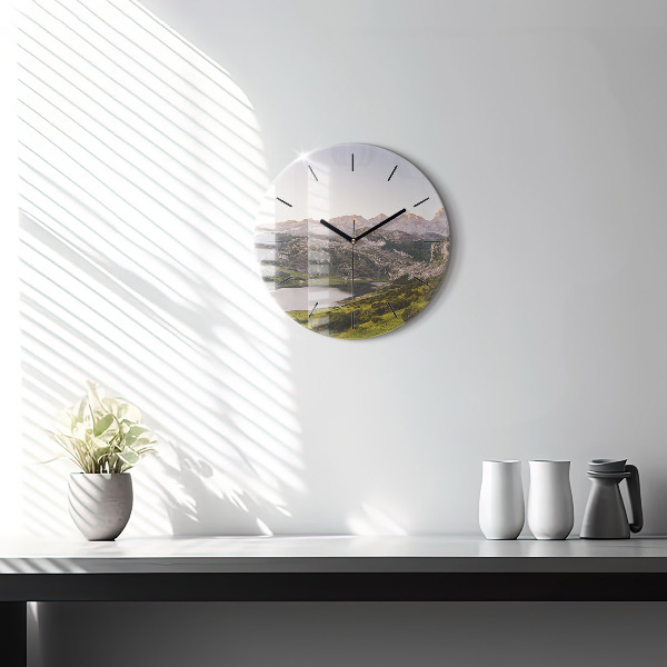 Round glass wall clock Lake and Pyrenees Mountains