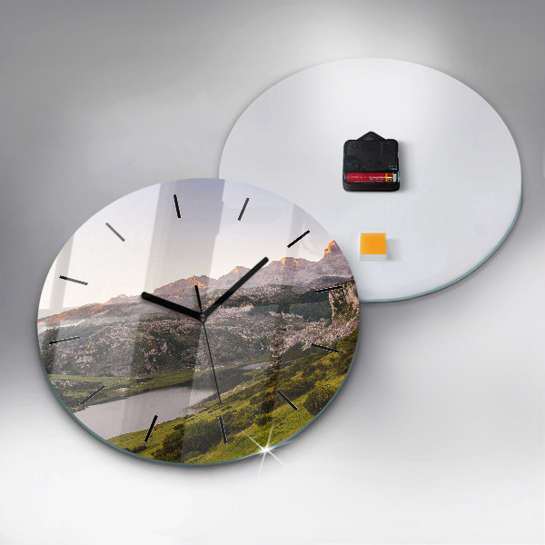 Round glass wall clock Lake and Pyrenees Mountains