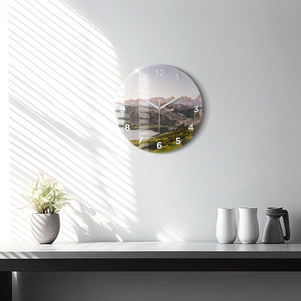 Round glass wall clock Lake and Pyrenees Mountains