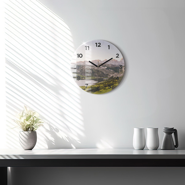 Round glass wall clock Lake and Pyrenees Mountains