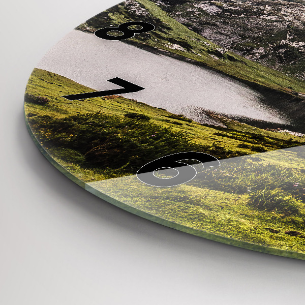 Round glass wall clock Lake and Pyrenees Mountains