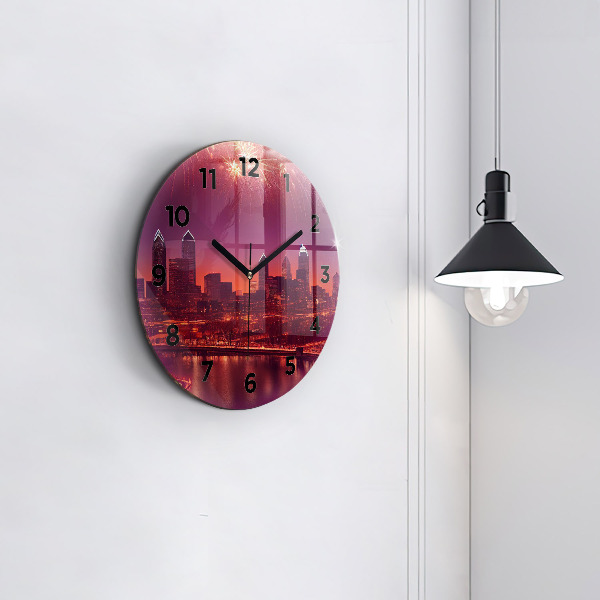 Round glass wall clock Philadelphia City at Night