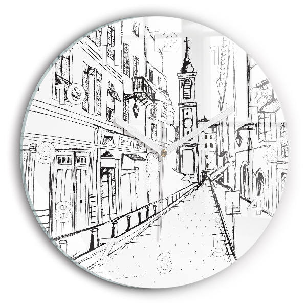 Round glass wall clock Drawing of the city of Provence
