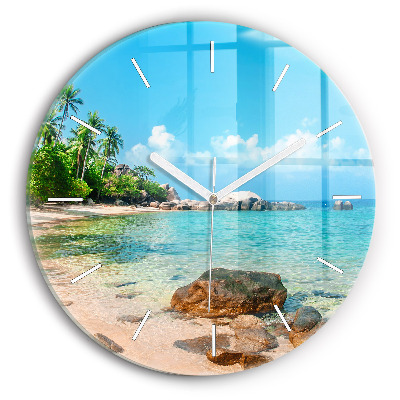 Round glass wall clock Beautiful beach in Thailand